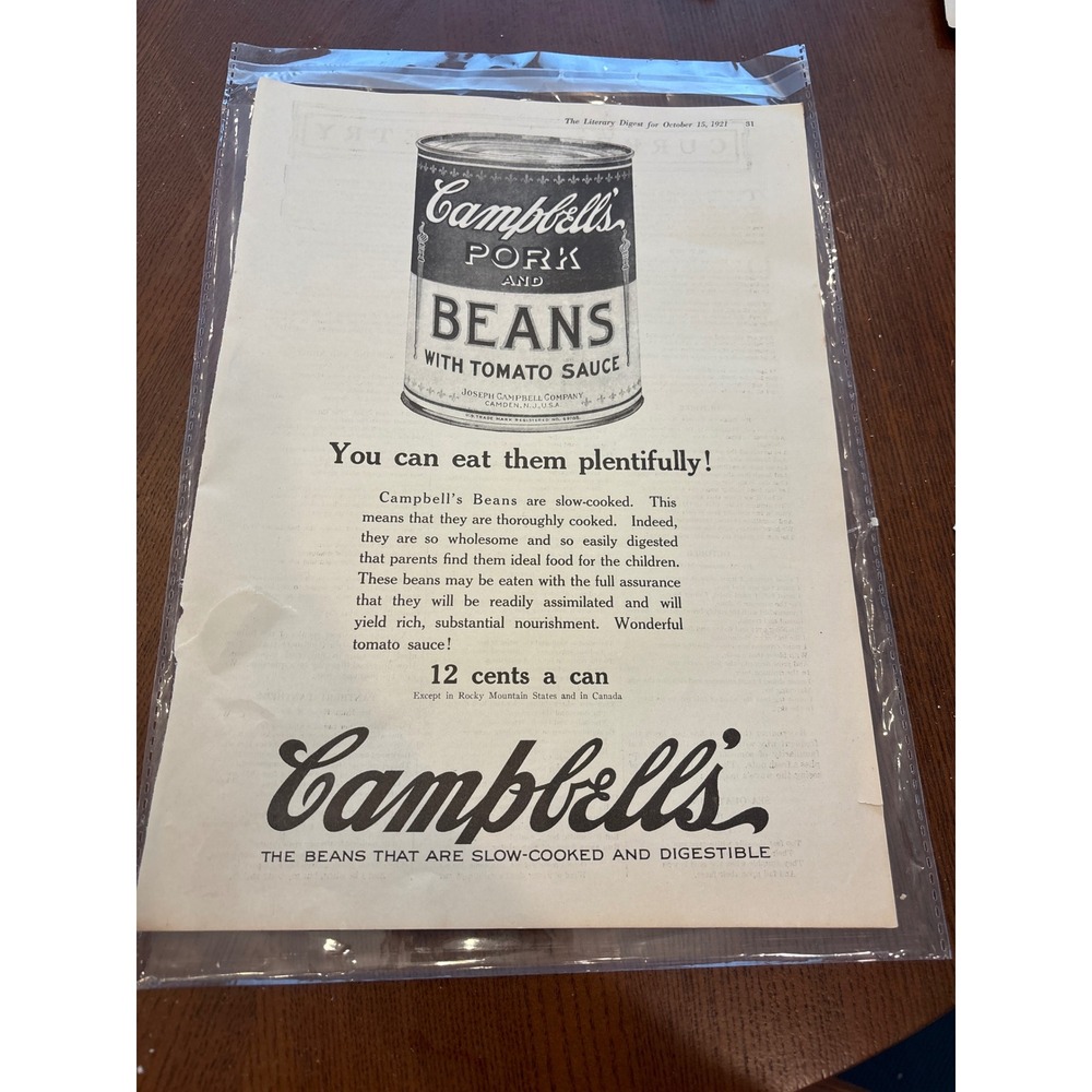 Campbell's Vintage Print Ad 1921 Black White Pork and Beans Kitchen Decor Art